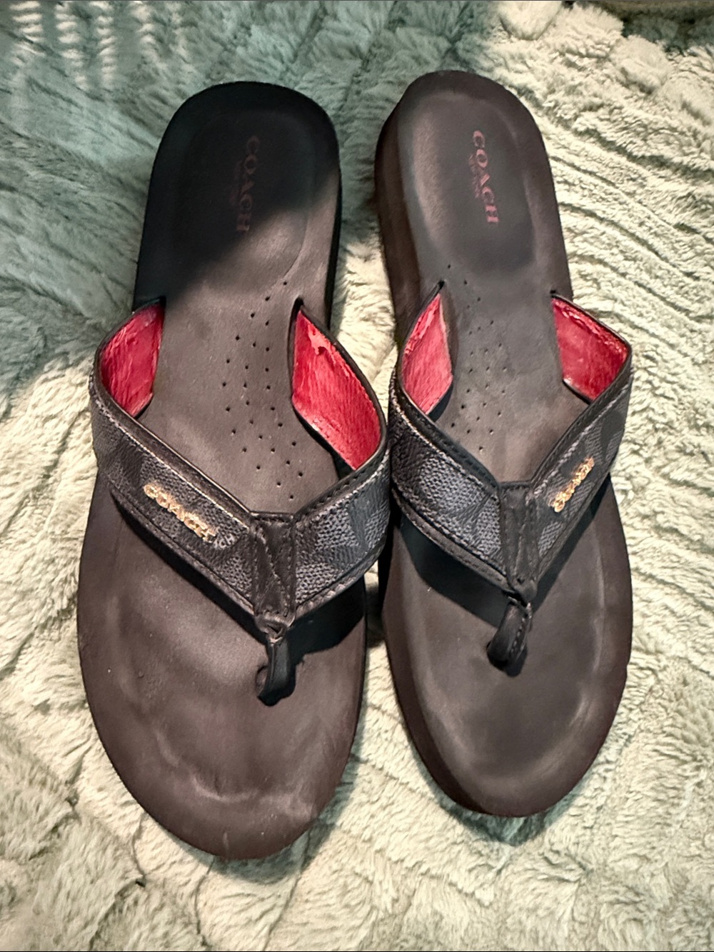 Coach Men’s Black Flip-Flop Sandals with Red Lining